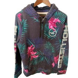 Hollister California Tropical Floral Print Hoodie Pullover Sweatshirt Unisex L